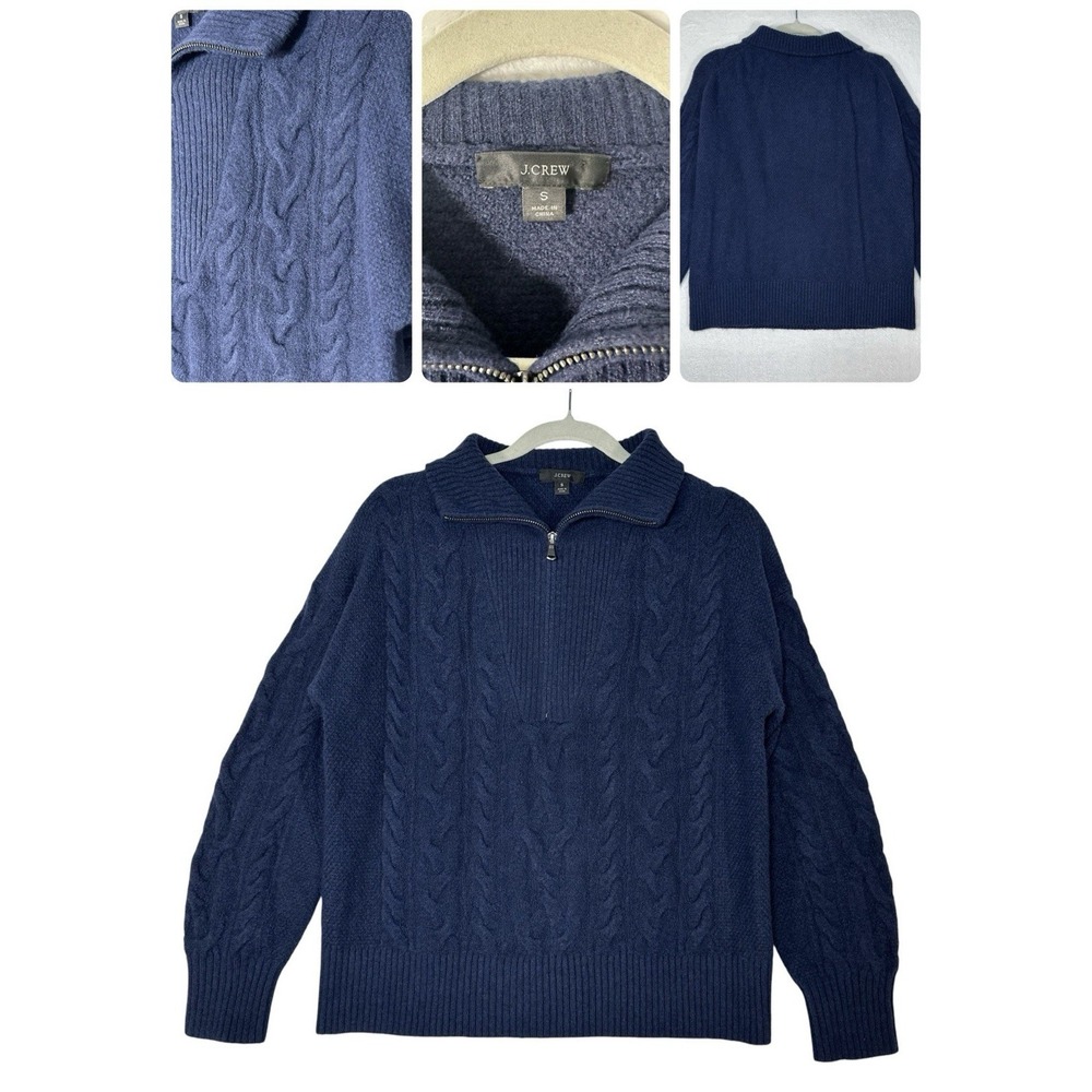J‎ CREW Navy Blue Cable Knit Half Zip Sweater S Alpaca Merino Wool Old Money